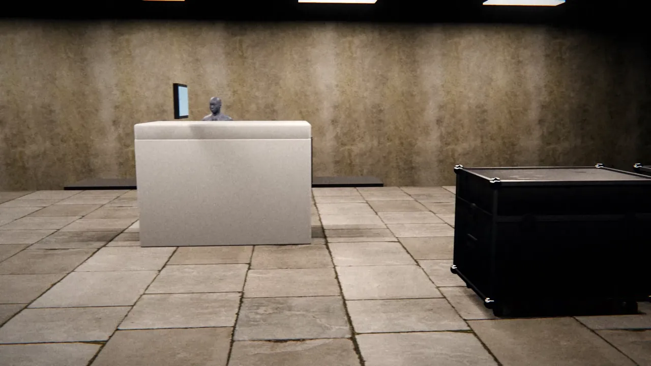 A 3D reconstruction of an airport counter and equipment case from the Carlos Ghosn documentary